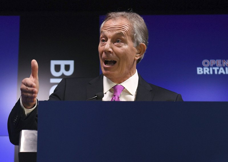 Former British Prime Minister Tony Blair makes a speech at an Open Britain event in central London, Friday Feb. 17, 2017. Blair urged voters to speak out against the government's drive to exit the EU at any cost, saying it could damage future generations. 