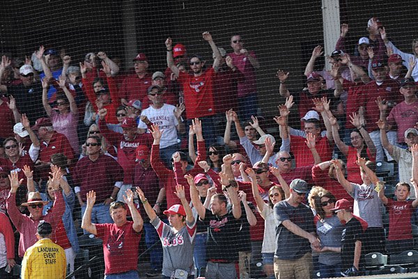 Arkansas fans call the Hogs during a game against Miami (Ohio) on Saturday, Feb. 18, 2017, in Fayetteville. 