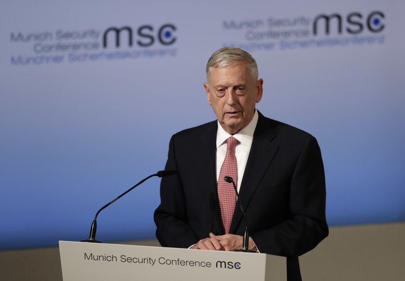 U.S. Defense Minister Jim Mattis speaks during the Munich Security Conference in Munich, southern Germany, Friday, Feb. 17, 2017. The annual weekend gathering is known for providing an open and informal platform to meet in close quarters. 