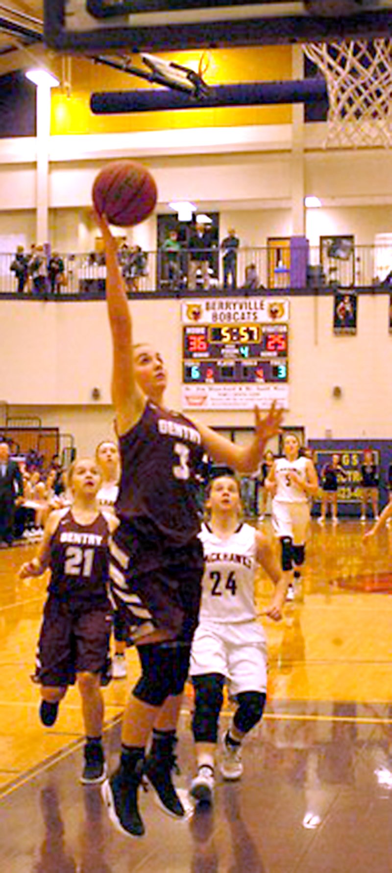 Photo by Mark Humphrey Gentry sophomore Jaydon Jarnagan goes up for a layup against Pea Ridge. The Lady Pioneers were defeated, 46-30, on Wednesday, Feb. 15, at the district tournament held at Berryville.