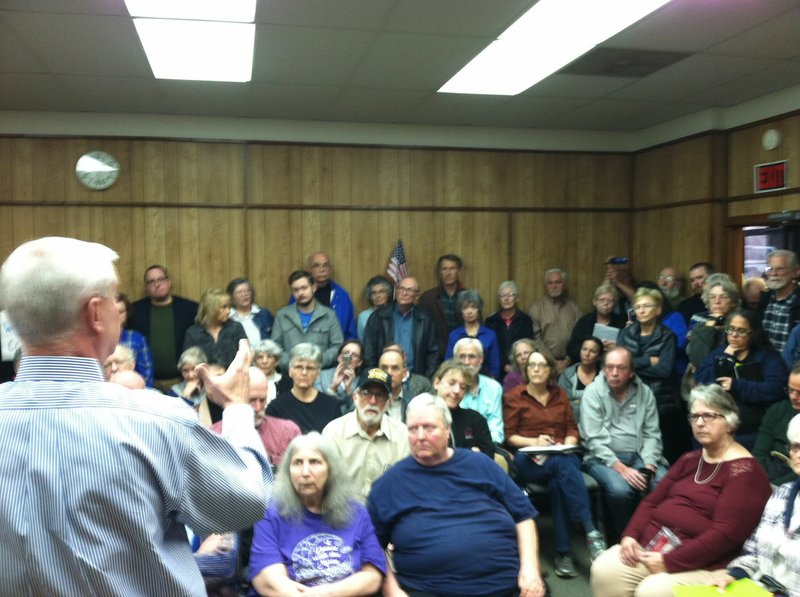 NWA Democrat-Gazette/DOUG THOMPSON U.S. Rep. Steve Womack of Rogers talks to a crowd Tuesday, Feb. 21, 2017 at the West Fork City Hall. Womack told the crowd of more than 200 people he was elected as a Republican to back a Republican view of government and that is what he will do.