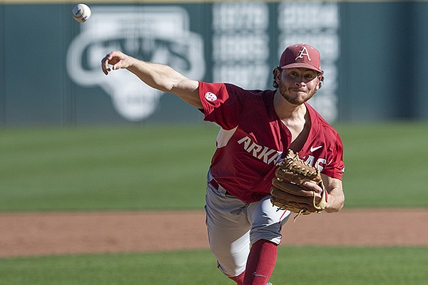 Arkansas senior Josh Alberius throws a pitch during a game against Miami (Ohio) on Sunday, Feb. 19, 2017, in Fayetteville. 
