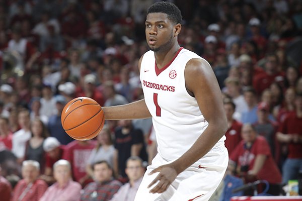 Arkansas forward Trey Thompson handles the ball during a game against Texas A&M on Wednesday, Feb. 22, 2017, in Fayetteville. 