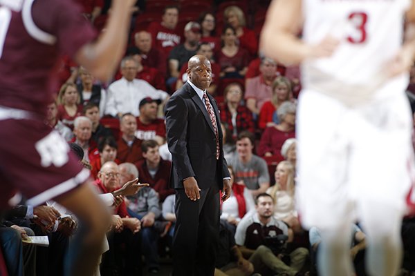 Arkansas coach Mike Anderson watches during a game against Texas A&M on Wednesday, Feb. 22, 2017, in Fayetteville. 