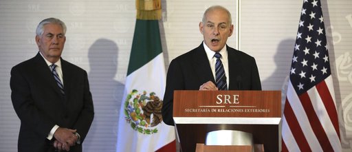 Homeland Security Secretary John Kelly, right, accompanied by Secretary of State Rex Tillerson, speaks at the Mexican Ministry of Foreign Affairs in Mexico City, Mexico, on Thursday, Feb. 23, 2017. 