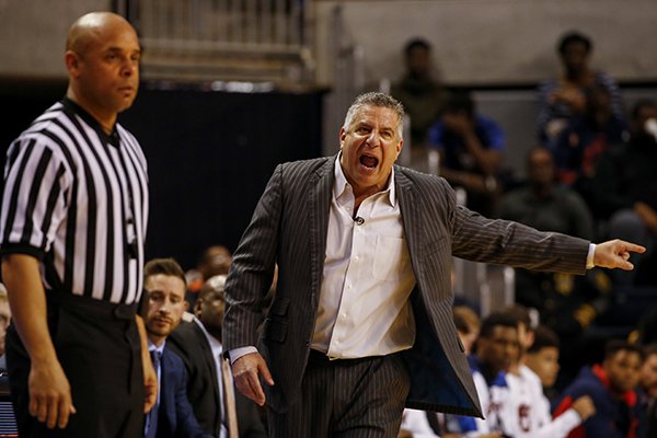 Auburn head coach Bruce Pearl reacts over a call during the second half of an NCAA college basketball game against Florida, Tuesday, Feb. 14, 2017, in Auburn, Ala. Florida won 114-95. (AP Photo/Butch Dill)
