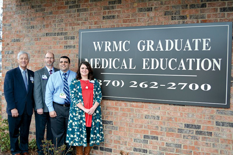 White River Health System’s internal-medicine residency program will accept its first class of residents in July. From left are Gary Bebow, CEO of WRHS; Jody Smotherman, associate administrator of graduate medical education; Dr. Khaled Khasawneh, program director of the internal-medicine residency program; and Mary Wood Cox, program coordinator.