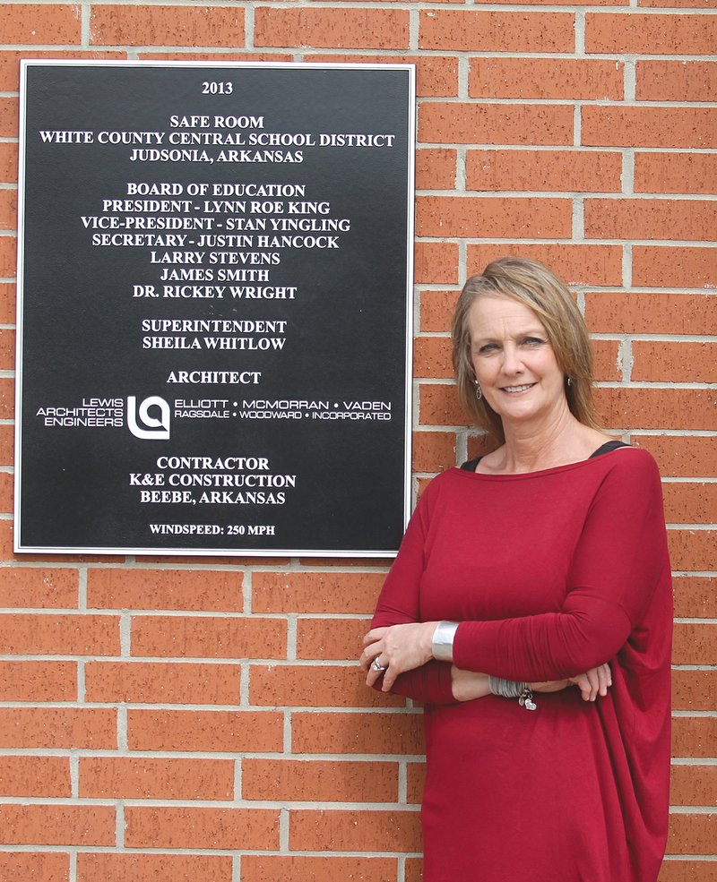 Recently retired White County Central Superintendent Shelia Whitlow stands in front of the Safe Building that was constructed in 2013. The building, one of Whitlow’s major projects in the district, serves as a spot for indoor recess and assemblies for the district’s kindergarten through sixth-grade classes.