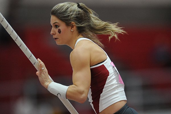 Arkansas sophomore Tori Weeks competes in the pole vault Saturday, Feb. 11, 2017, during the Tyson Invitational in the Randal Tyson Track Center in Fayetteville.