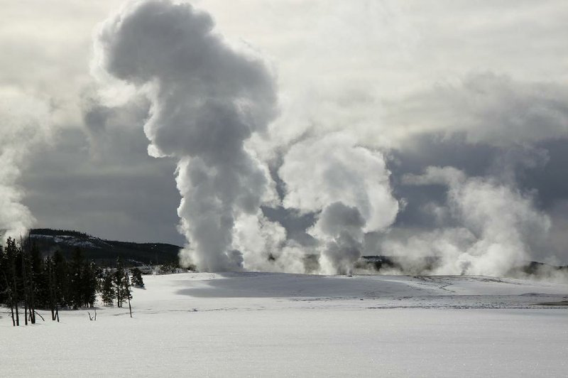 The park’s caldera has the world’s largest concentration of geysers. Their steam, combined with the gray and white of winter’s sky and snow, make for vistas that are nearly monochromatic. 