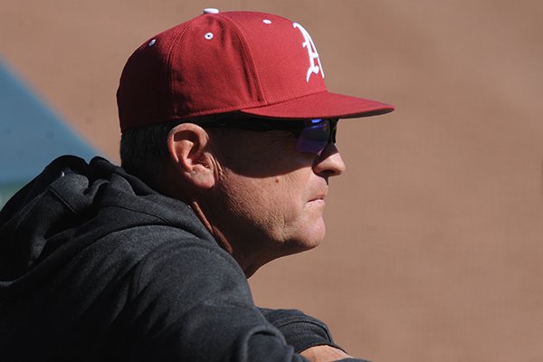 Arkansas coach Dave Van Horn watches warmups prior to a game against Bryant on Friday, Feb. 24, 2017, in Fayetteville. 
