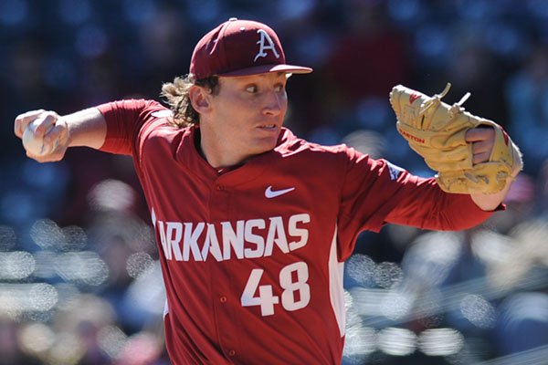 Arkansas starter Trevor Stephan delivers to the plate against Bryant Saturday, Feb. 25, 2017, during the first inning at Baum Stadium in Fayetteville.