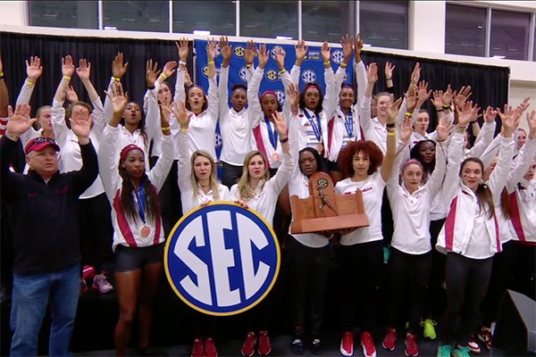 Arkansas' women's track team celebrates after winning the team title at the 2017 SEC Indoor Championships on Saturday, Feb. 25, 2017, in Nashville, Tenn. 