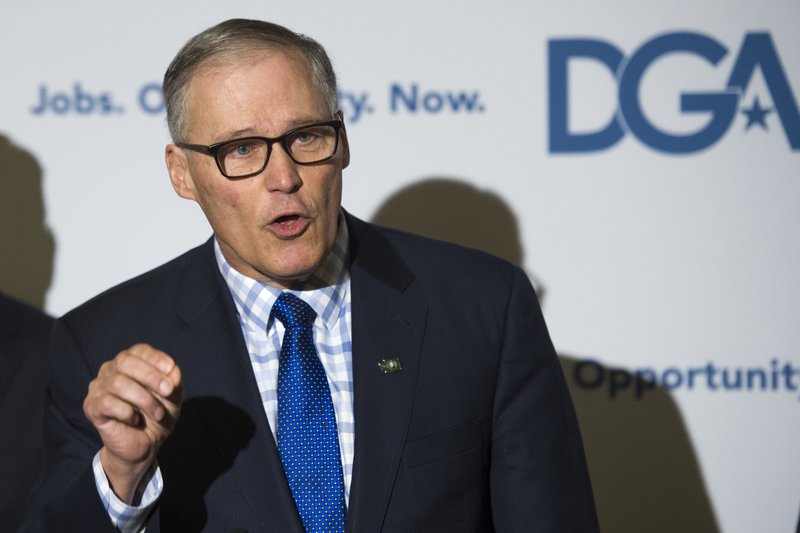 Democratic Governors Association (DGA) Vice Chairman Gov. Jay Inslee of Washington, speaks at a news confernce following a DGA meeting at the National Governors Association Winter Meeting in Washington, Saturday, Feb. 25, 2017. 
