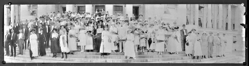 Gov. Charles H. Brough (center, in a light suit and bow tie) poses with 83 men and 63 women suffragists on the steps of the state Capitol. State Capitol historian David Ware IDs the photo as having been taken Feb, 27, 1917, the day the state Senate approved the bill that became Act 186 of 1917, granting women the right to vote in primaries.