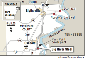 A map showing the location of Big River Steel.