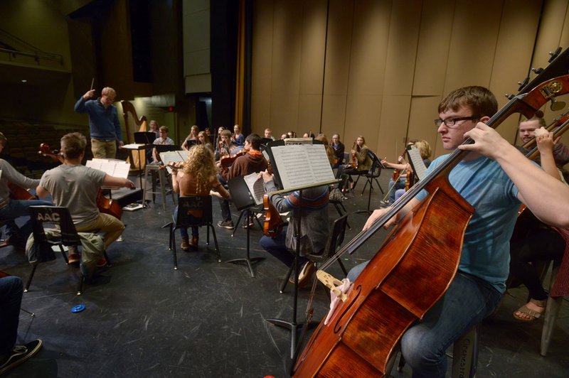 Sophomore Liam O’Dell plays bass Monday during Bentonville High School’s orchestra rehearsal at the Arend Arts Center at the school.