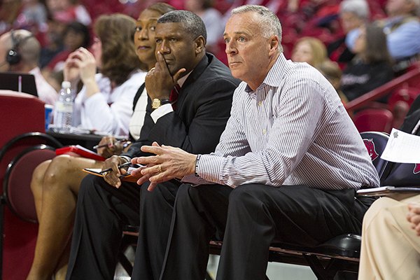 Arkansas coach Jimmy Dykes watches from the sideline during a game against Auburn on Sunday, Feb. 26, 2017, in Fayetteville. 