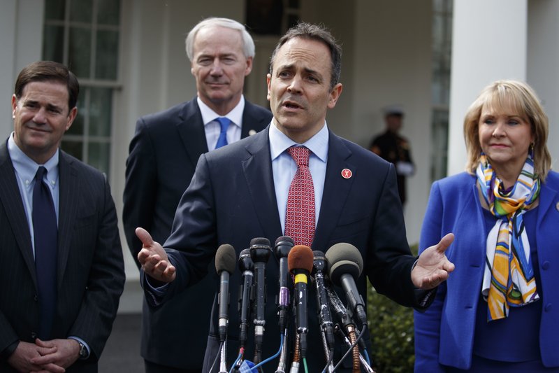 Kentucky Gov. Matt Bevin speaks Monday to reporters outside the White House following a meeting with President Donald Trump. From left are, Arizona Gov. Doug Ducey, Arkansas Gov. Asa Hutchinson, Bevin, and Oklahoma Gov. Mary Fallin.