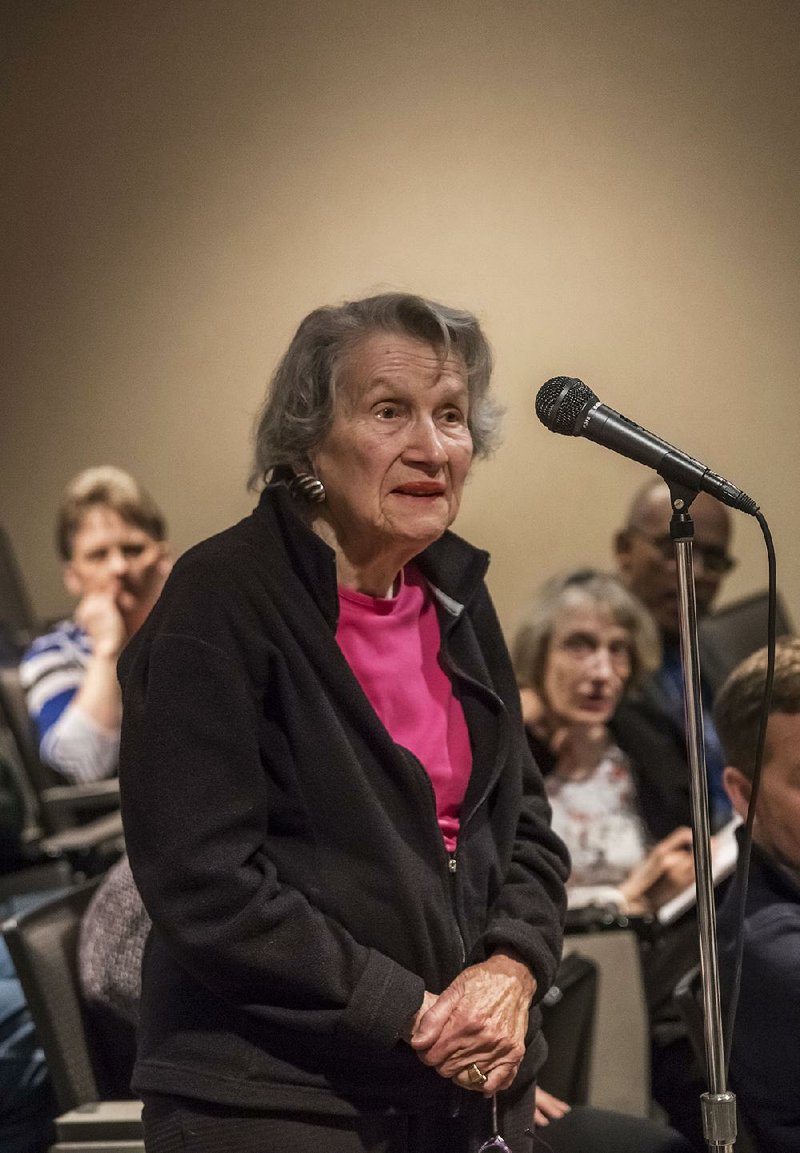 June Freeman asks a question during a community forum Tuesday afternoon with the architects of the planned expansion of the Arkansas Arts Center in Little Rock. 