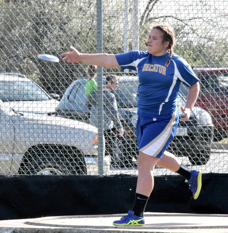 Photo by Mike Eckels Decatur&#8217;s Cameron Shaffer releases her discus during the Tiger Invitational Track Meet in Bentonville on March 17, 2016. Shaffer went on to win the state 2A title in the discus in May 2016.