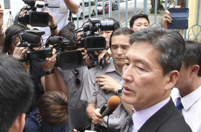 Ri Tong Il, former North Korean deputy ambassador to the United Nations, speaks to reporters outside the North Korean embassy in Kuala Lumpur, Malaysia, Tuesday, Feb. 28, 2017. 
