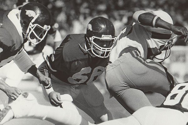 Arkansas linebacker Larry Jackson (66) prepares to make a tackle during a game against Tulsa on Saturday, Sept. 30, 1978, in Fayetteville. Jackson will be enshrined in the Arkansas Sports Hall of Fame this weekend. 