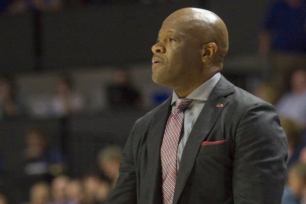 Arkansas coach Mike Anderson yells instructions to his team during the first half of an NCAA college basketball game against Florida in Gainesville, Fla., Wednesday, March 1, 2017. (AP Photo/Ron Irby)