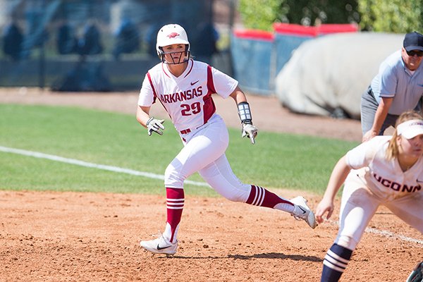 Arkansas' Nicole Schroeder runs the bases during a game against Connecticut on Saturday, Feb. 25, 2017, in Boca Raton, Fla. Schroeder was named SEC player of the week last month, the first Razorbacks player to earn the award in three years. 