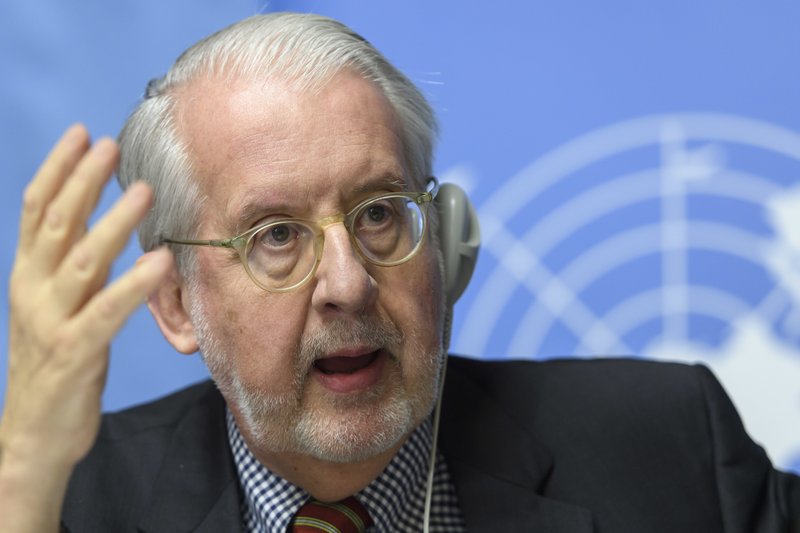 Paulo Pinheiro, Chairperson of the Independent Commission of Inquiry on the Syrian Arab Republic, speaks to the media during a press conference, at the European headquarters of the United Nations in Geneva, Switzerland, Wednesday, March 1, 2017.