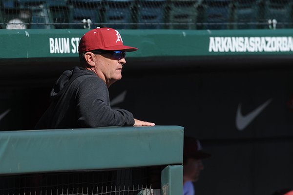 Arkansas coach Dave Van Horn watches warmups prior to a game against Bryant on Saturday, Feb. 25, 2017, in Fayetteville. 