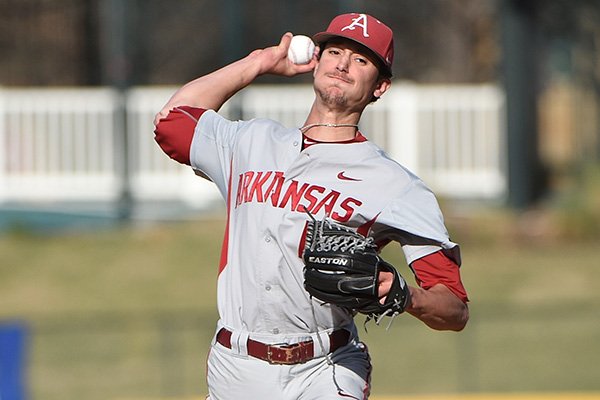 Arkansas pitchers Blaine Knight throws during a game against Arizona on Friday, March 3, 2017, at Dr. Pepper Ballpark in Frisco, Texas. 