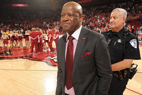 Arkansas coach Mike Anderson smiles after the Razorbacks' win over Georgia Saturday, March 4, 2017, in Bud Walton Arena in Fayetteville.