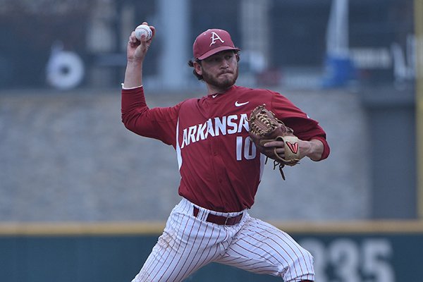 Arkansas pitcher Josh Alberius throws during a game against Oklahoma State on Sunday, March 5, 2017, in Frisco, Texas. 