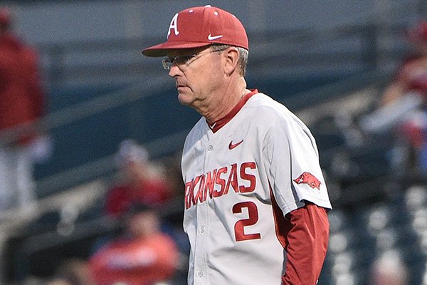 Arkansas coach Dave Van Horn walks to the mound during a game against Arizona on Friday, March 3, 2017, in Frisco, Texas. 