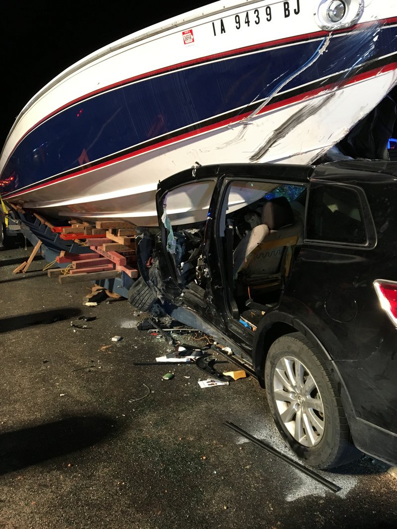 A boat crashed into a car in north Arkansas, seriously injuring the driver.