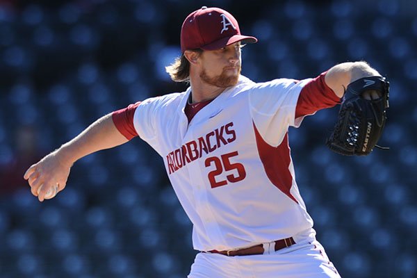 Arkansas starter Dominic Taccolini delivers a pitch against Louisiana-Monroe Tuesday, March 7, 2017, during the first inning at Baum Stadium. 