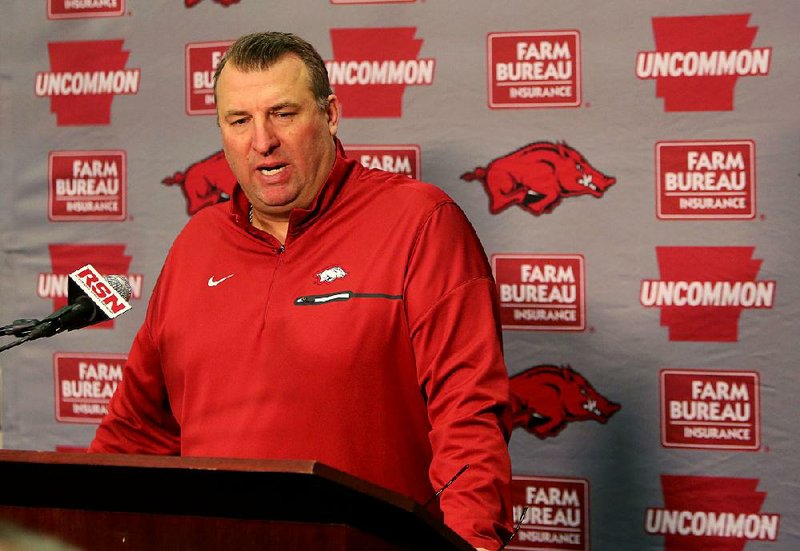 University of Arkansas head football coach Bret Bielema speaks with members of the media on Wednesday, Feb. 1, 2017, inside the Fred W. Smith Center in Fayetteville on the results from National Signing Day.

