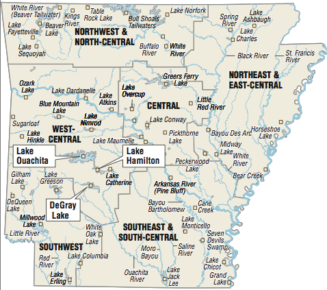 A map showing the location of Arkansas fishing spots.