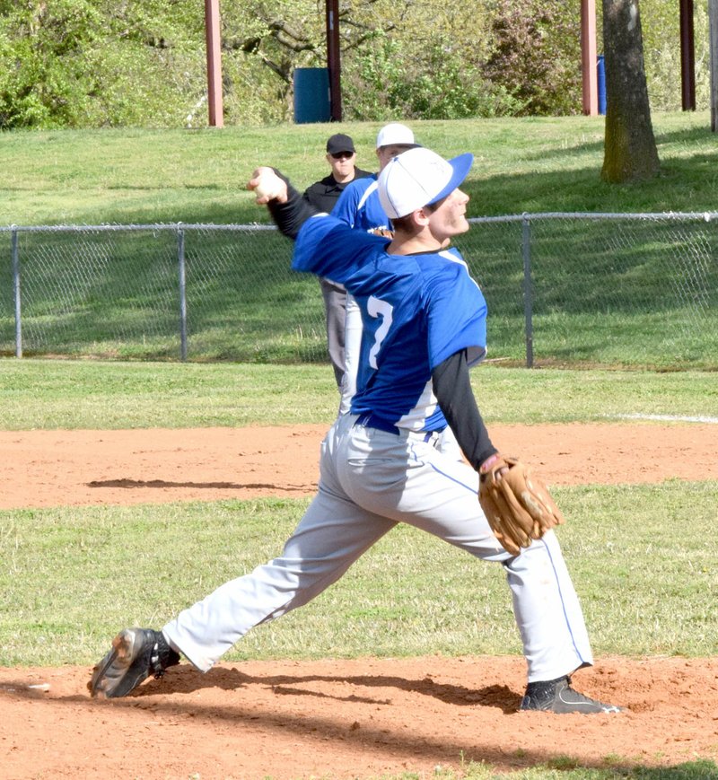 Photo by Mike Eckels Jay Porter delivered a pitch to a Union Christian batter March 21, 2016, at Edmiston Ball Field in Decatur. Porter will be on the mount for his final season with the Bulldogs which starts on March 14 against the Highlanders in Eureka Springs.