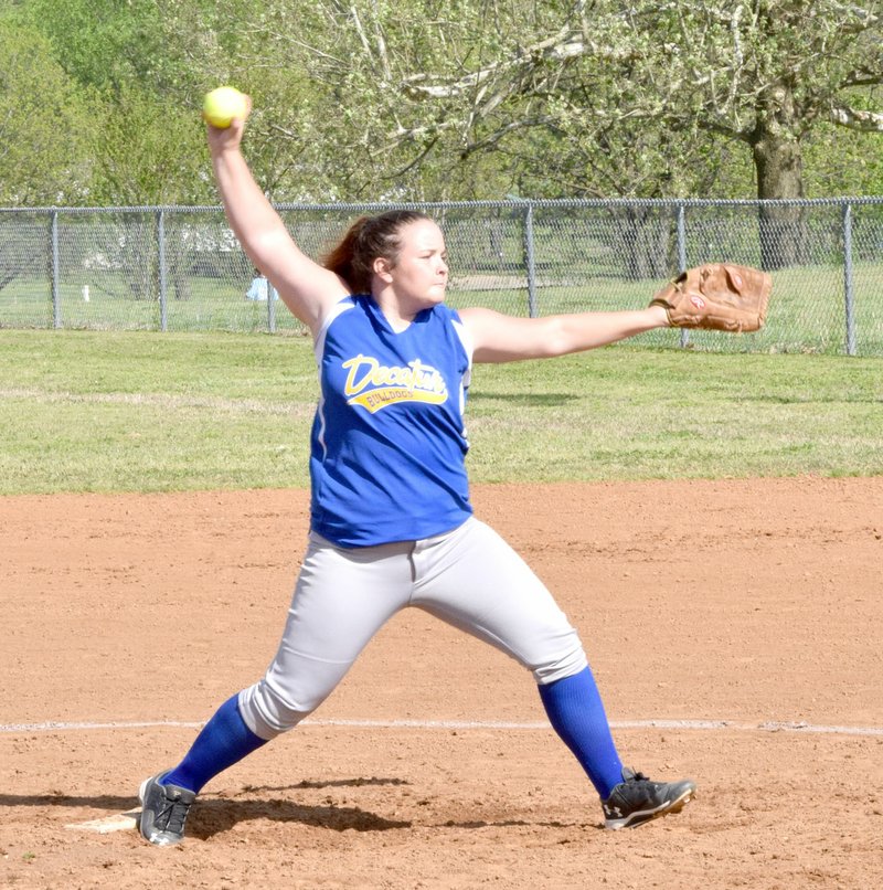 Photo by Mike Eckels Cameron Shaffer pitches to an Eagle batter during the April 21, 2016 Decatur-Union Christian fast-pitch softball contest at Edmiston Softball Field in Decatur. Shaffer will returns to the mount to lead the Bulldogs during the 2017 softball season.