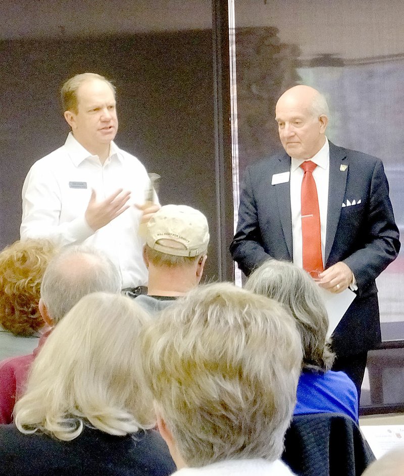 Lynn Atkins/The Weekly Vista Bella Vista POA General Manager Tom Judson and Bella Vista Mayor Peter Christie fielded questions together at a Newcomers Reception in Riordan Hall on Saturday. Christie said there&#8217;s usually a lot more questions for Judson when they&#8217;re both available to answer.