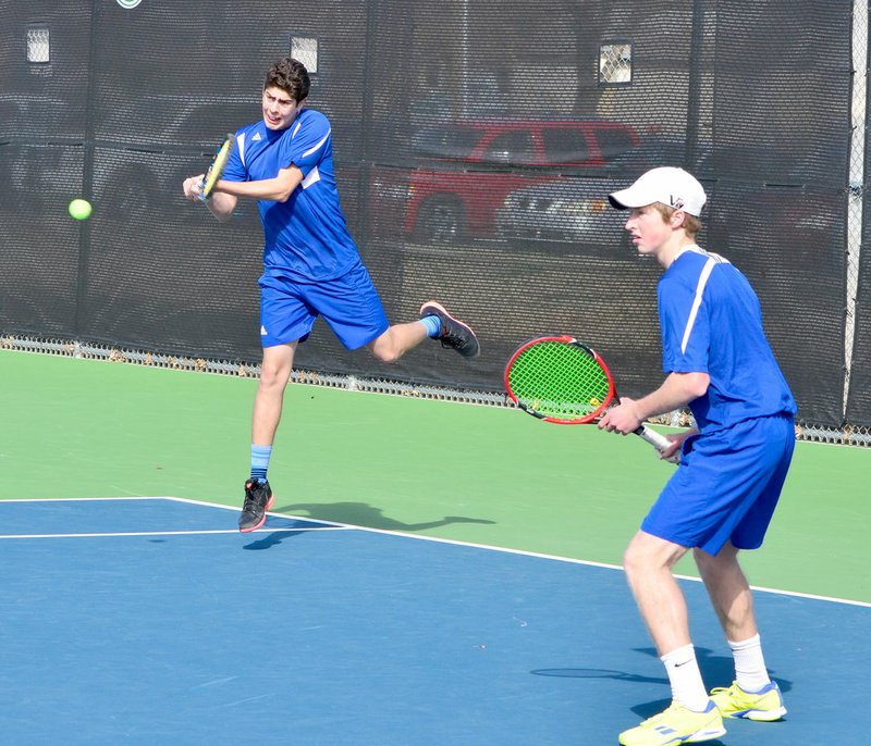 Photo courtesy of Southwestern (Kan.) College The John Brown team of junior Fernando Hurley, left, and sophomore Nathan Kuykendall competed at No. 1 doubles last Saturday in a tri-match at Southwestern College in Winfield, Kan.