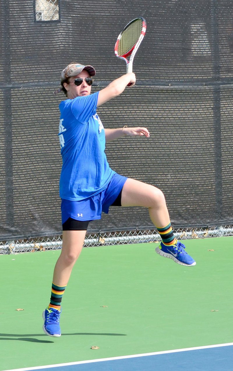 Photo courtesy of Southwestern (Kan.) College John Brown senior Taylor Russell competes at No. 1 singles during a match last Saturday at Southwestern College in Winfield, Kan.