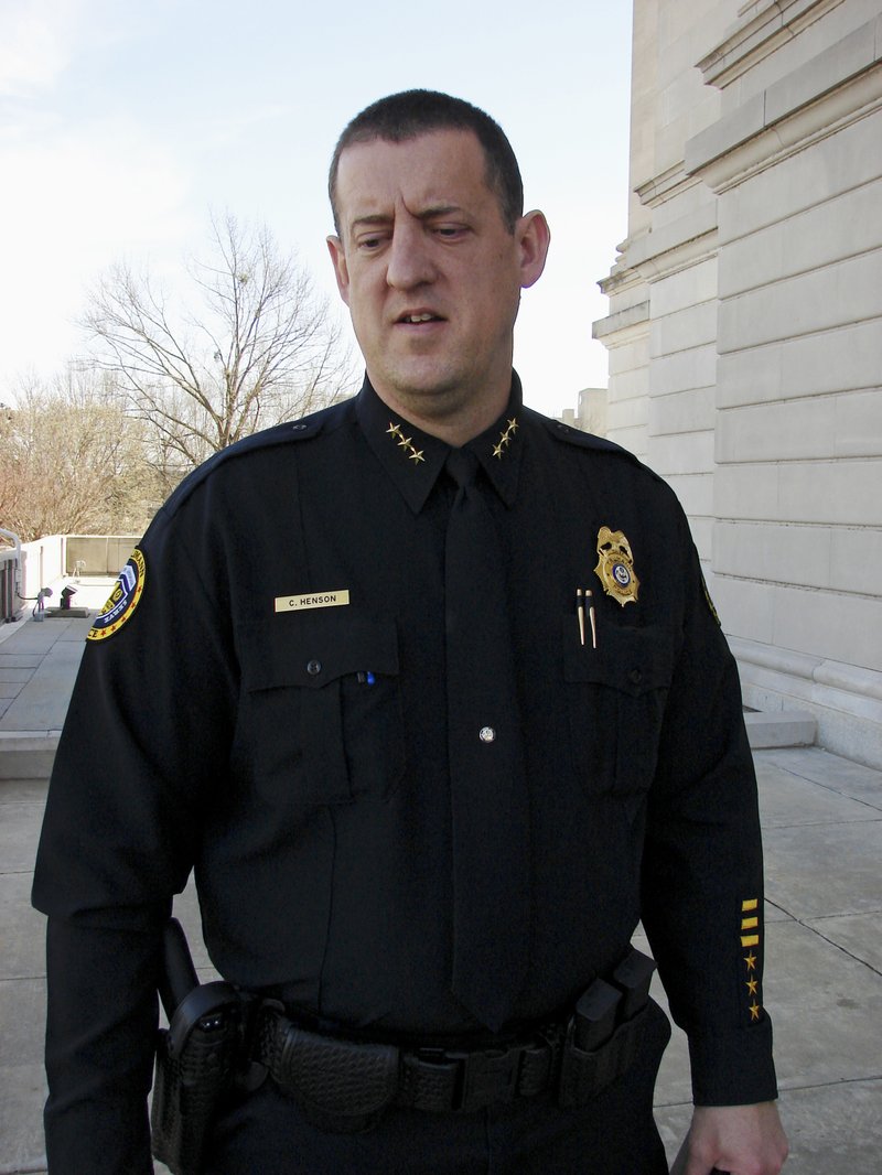 In this Jan. 31, 2017, photo, Trumann Police Chief Chad Henson is interviewed outside the state Capitol in Little Rock, Ark., about a bill that would prohibit the general release of videotape depicting the death of a law enforcement officer in the line of duty. A recording of a Trumann officer being shot dead in 2011 continues to pop up in social media feeds of the officer's family nearly six years later. The state Senate could vote on the measure as early as Thursday afternoon, March 9, 2017. 