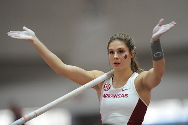 Arkansas sophomore Lexi Weeks competes in the pole vault Saturday, Feb. 11, 2017, during the Tyson Invitational in the Randal Tyson Track Center in Fayetteville.