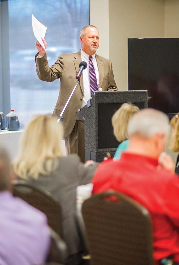 Maumelle Mayor Mike Watson gives his annual State of the City address March 2 at the Jess Odom Community Center. He reported that the city is strong financially and has construction projects underway. In 2016, the city’s general-fund revenues increased by $234,108 compared with 2015, and operating expenses were held below the budgeted expenses, the mayor said.