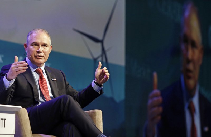 EPA chief Scott Pruitt speaks Thursday at an energy conference in Houston. He said in a television interview, “I would not agree that [carbon dioxide] is a primary contributor to the global warming that we see.” 