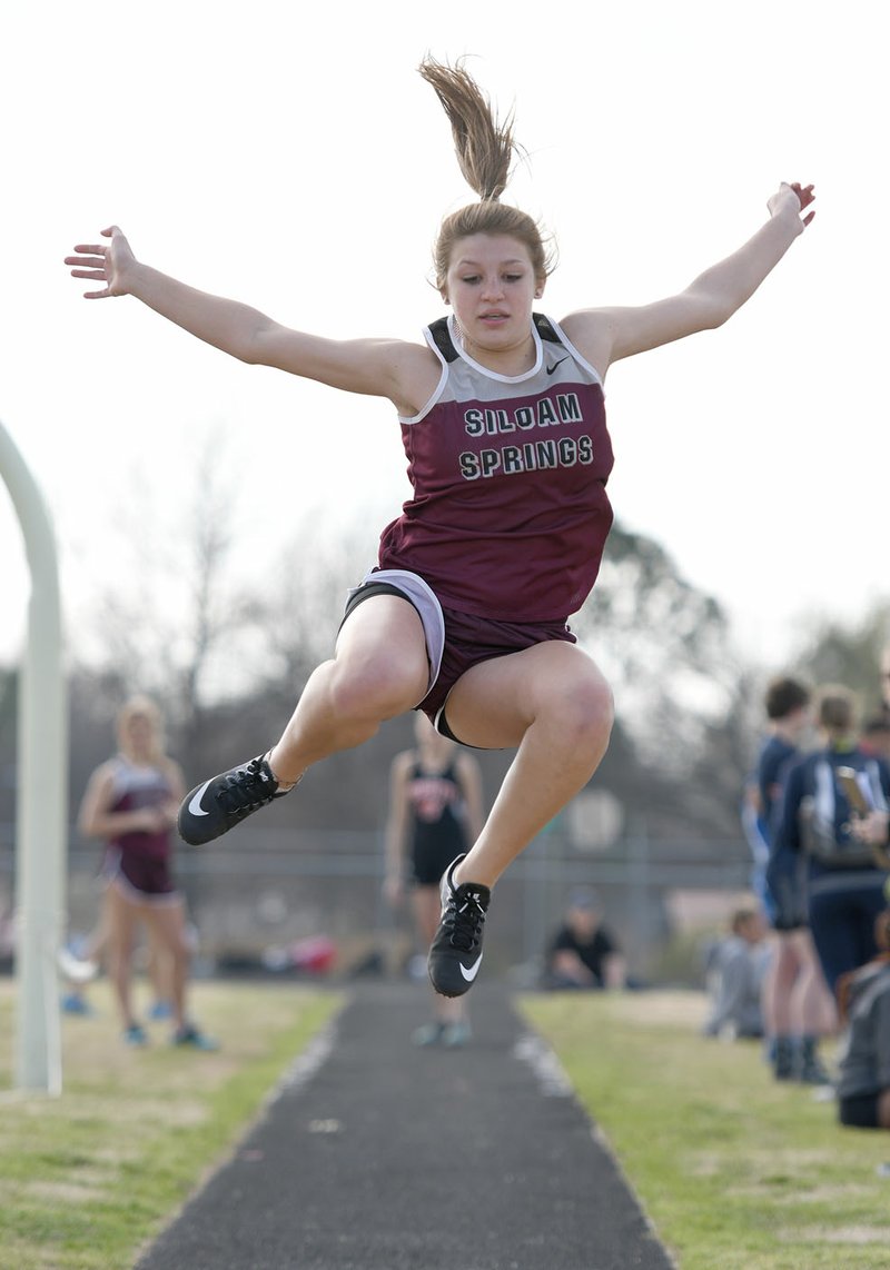 Bud Sullins/Special to Siloam Sunday Siloam Springs sophomore Alexis Roach finished first in the long jump with a distance of 16 feet, 2 inches Thursday at the Panther Relays at Glenn W. Black Stadium. Roach was the second highest individual finisher at the meet with 29.75 points.
