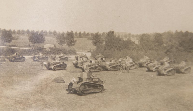 An early tank group is shown in one of the many photos of armored weaponry found in Gen. George S. Patton’s scrapbook.
